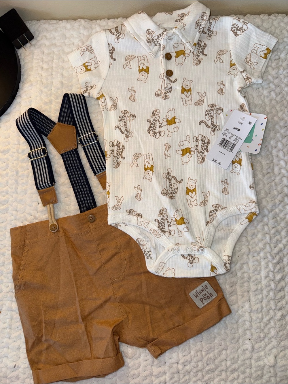 Disney Winnie the Pooh Cream Bodysuit with Brown Shorts & Navy Suspenders